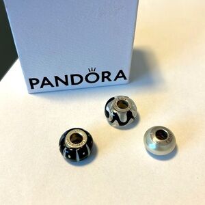3 Pandora charms: black w/white stripes, pearl,clear w/ black-white accents VGUC